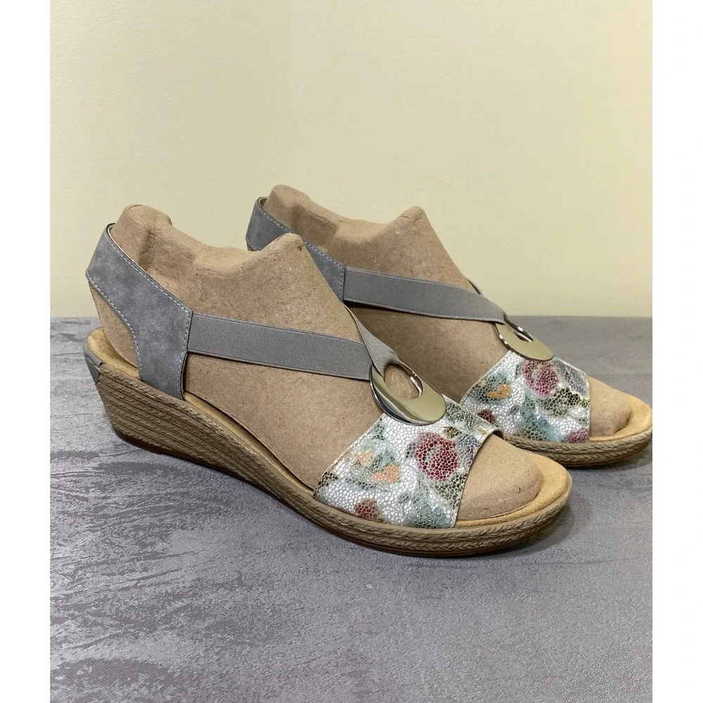 Rieker Antistress Floral Metallic Grey Wedge Espadrille Sandals 42 V8502-42
